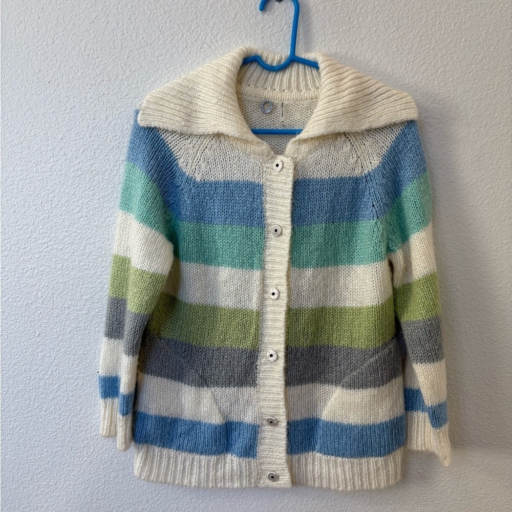 One Girl Who Cream and Blue Striped Cardigan